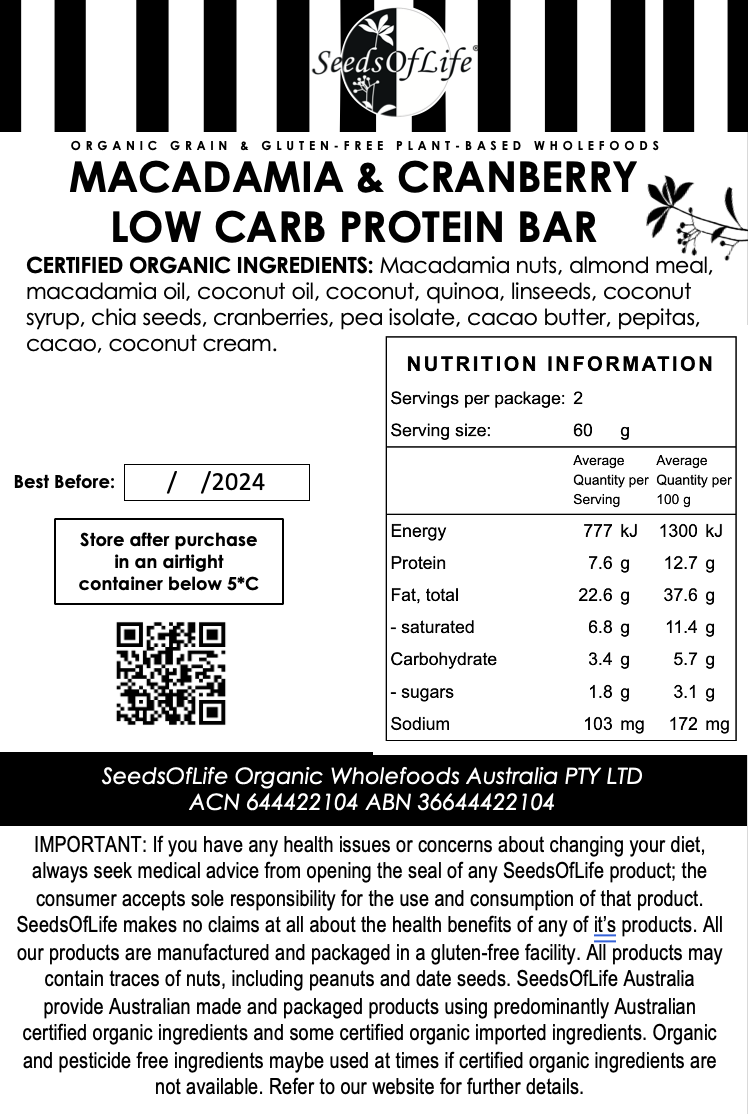 MACADAMIA CRANBERRY LOW CARB PROTEIN BAR x 6