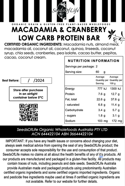 MACADAMIA CRANBERRY LOW CARB PROTEIN BAR x 6